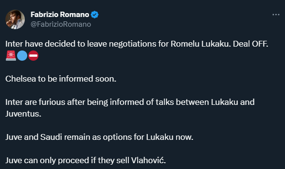 Así se rompieron las negociaciones entre Inter y Lukaku (Twitter @FabrizioRomano).